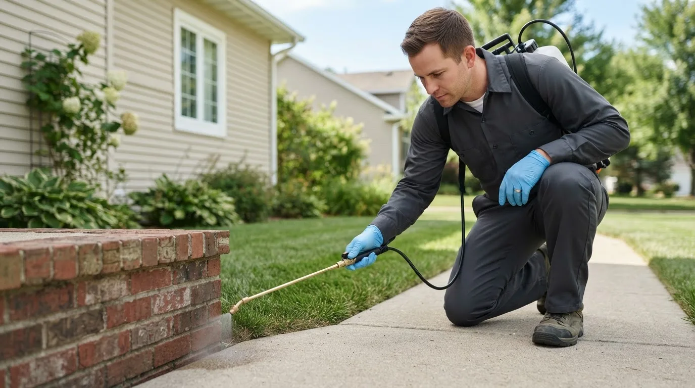 Pest control technician treating a home near Stoneham, ME